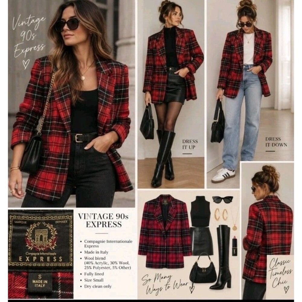 Women’s Vintage 90s Red/Black Plaid Lined Blazer Jacket S Pockets